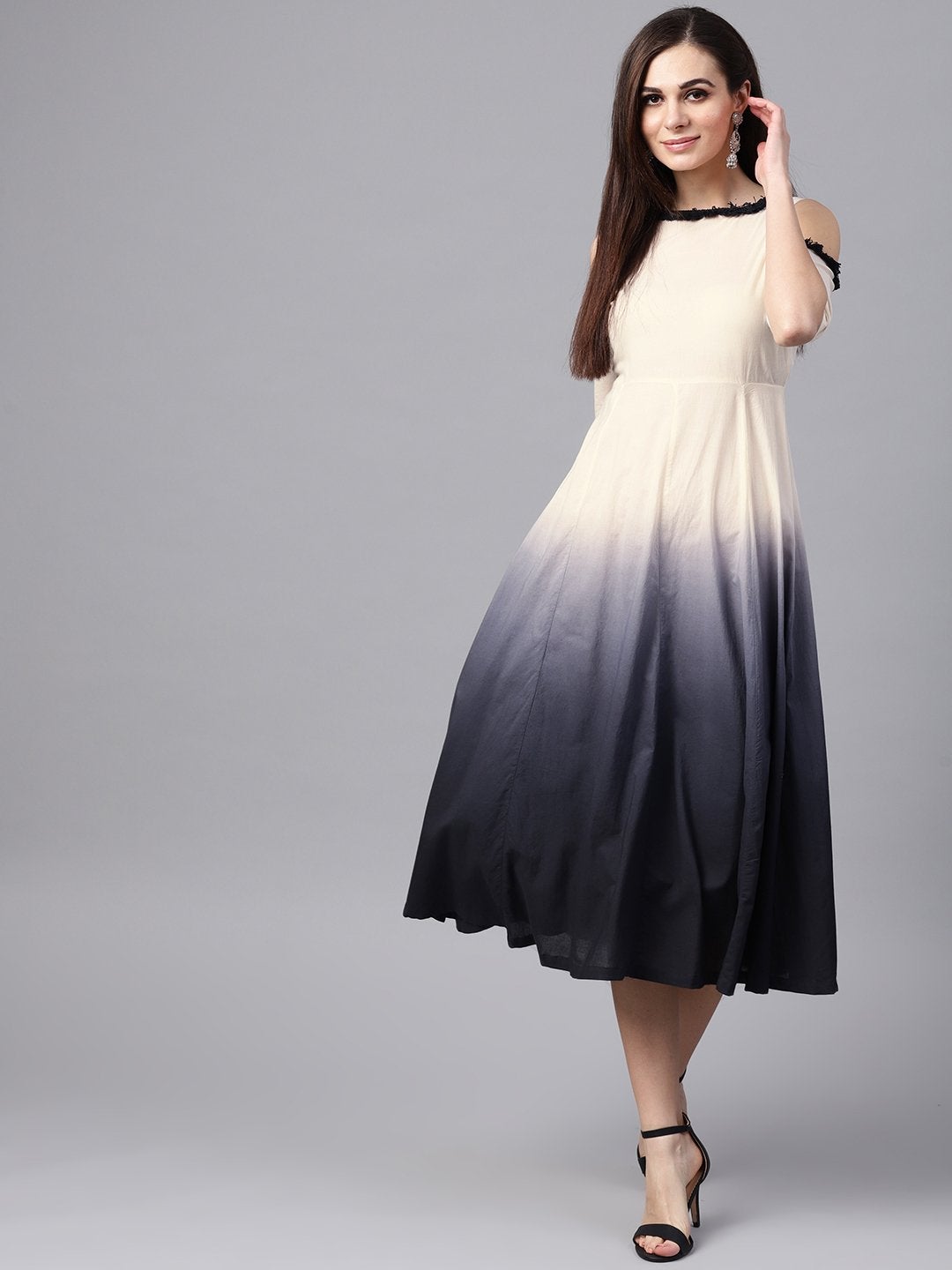 Women's White & Black Ombre Cold Shoulder Maxi