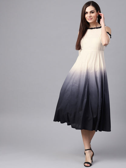 Women's White & Black Ombre Cold Shoulder Maxi
