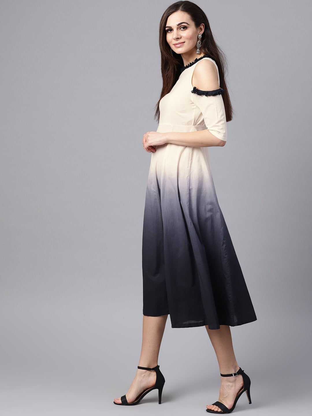 Women's White & Black Ombre Cold Shoulder Maxi