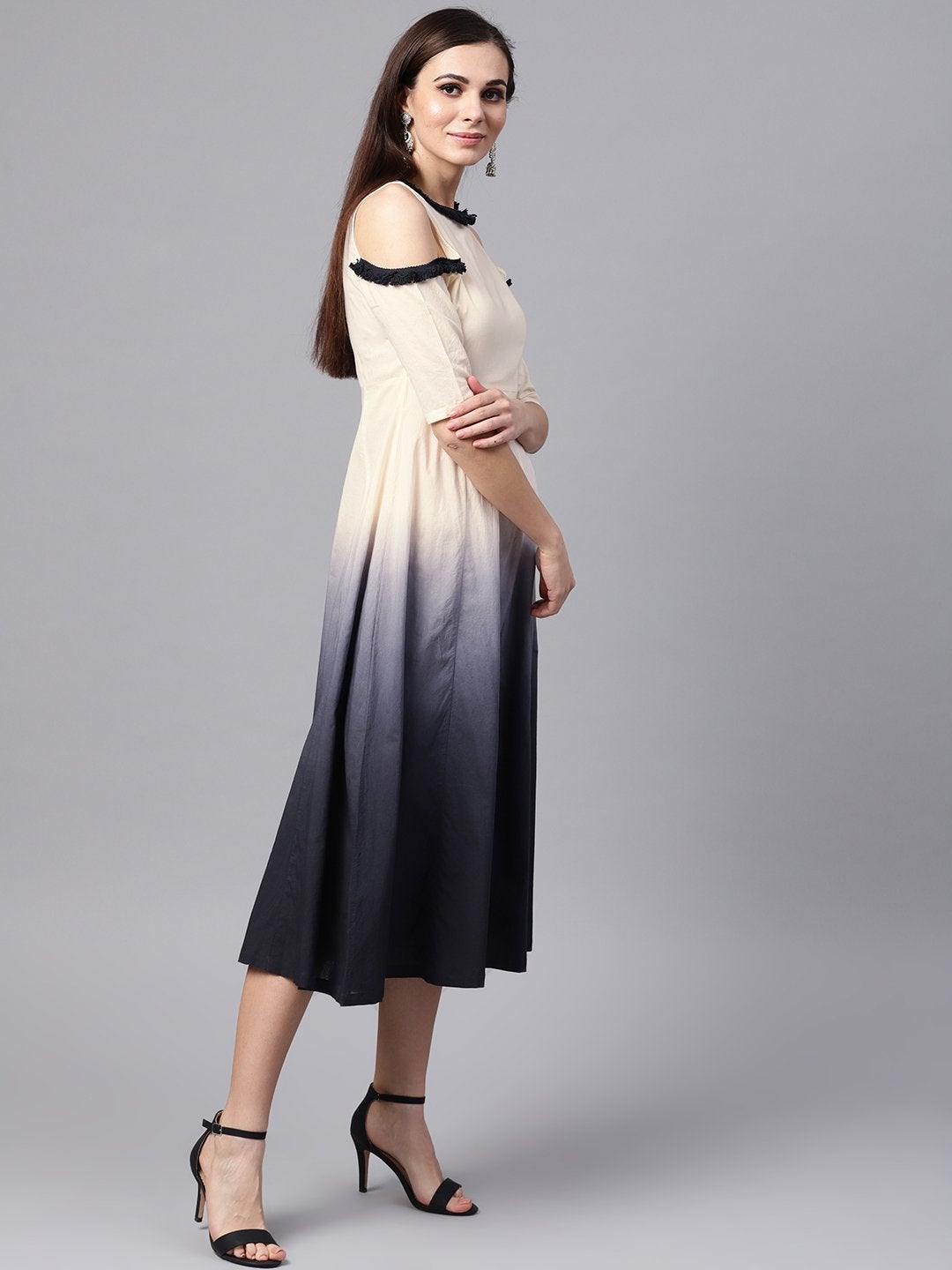 Women's White & Black Ombre Cold Shoulder Maxi