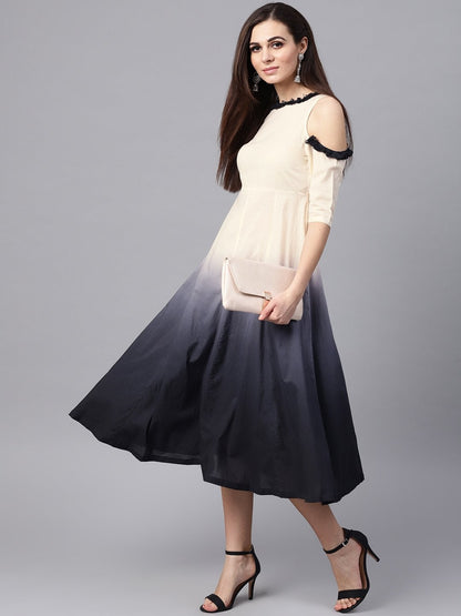 Women's White & Black Ombre Cold Shoulder Maxi