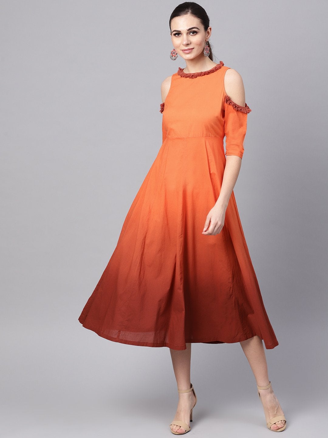 Women's Orange & Brown Ombre Cold Shoulder Maxi