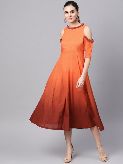 Women's Orange & Brown Ombre Cold Shoulder Maxi