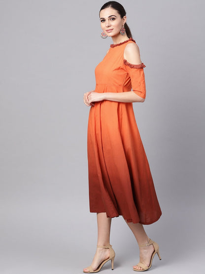 Women's Orange & Brown Ombre Cold Shoulder Maxi