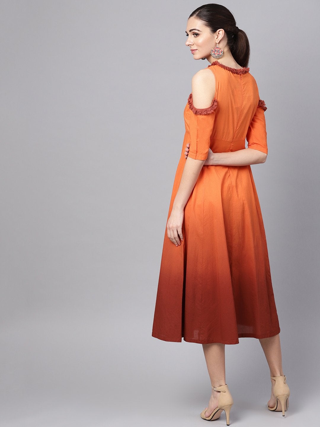Women's Orange & Brown Ombre Cold Shoulder Maxi