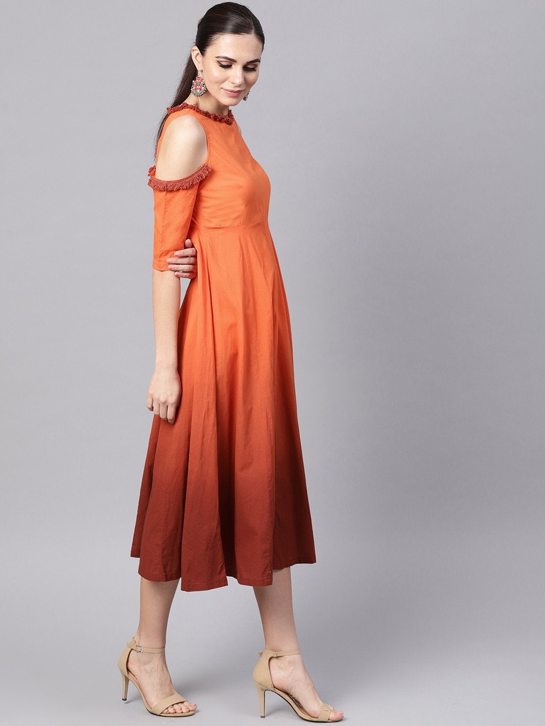 Women's Orange & Brown Ombre Cold Shoulder Maxi