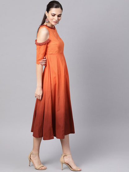 Women's Orange & Brown Ombre Cold Shoulder Maxi
