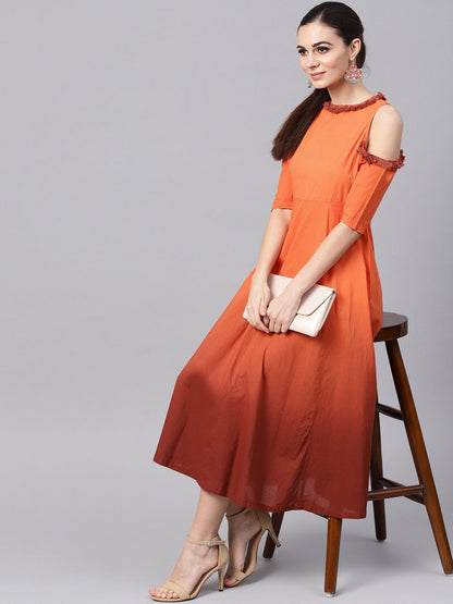 Women's Orange & Brown Ombre Cold Shoulder Maxi