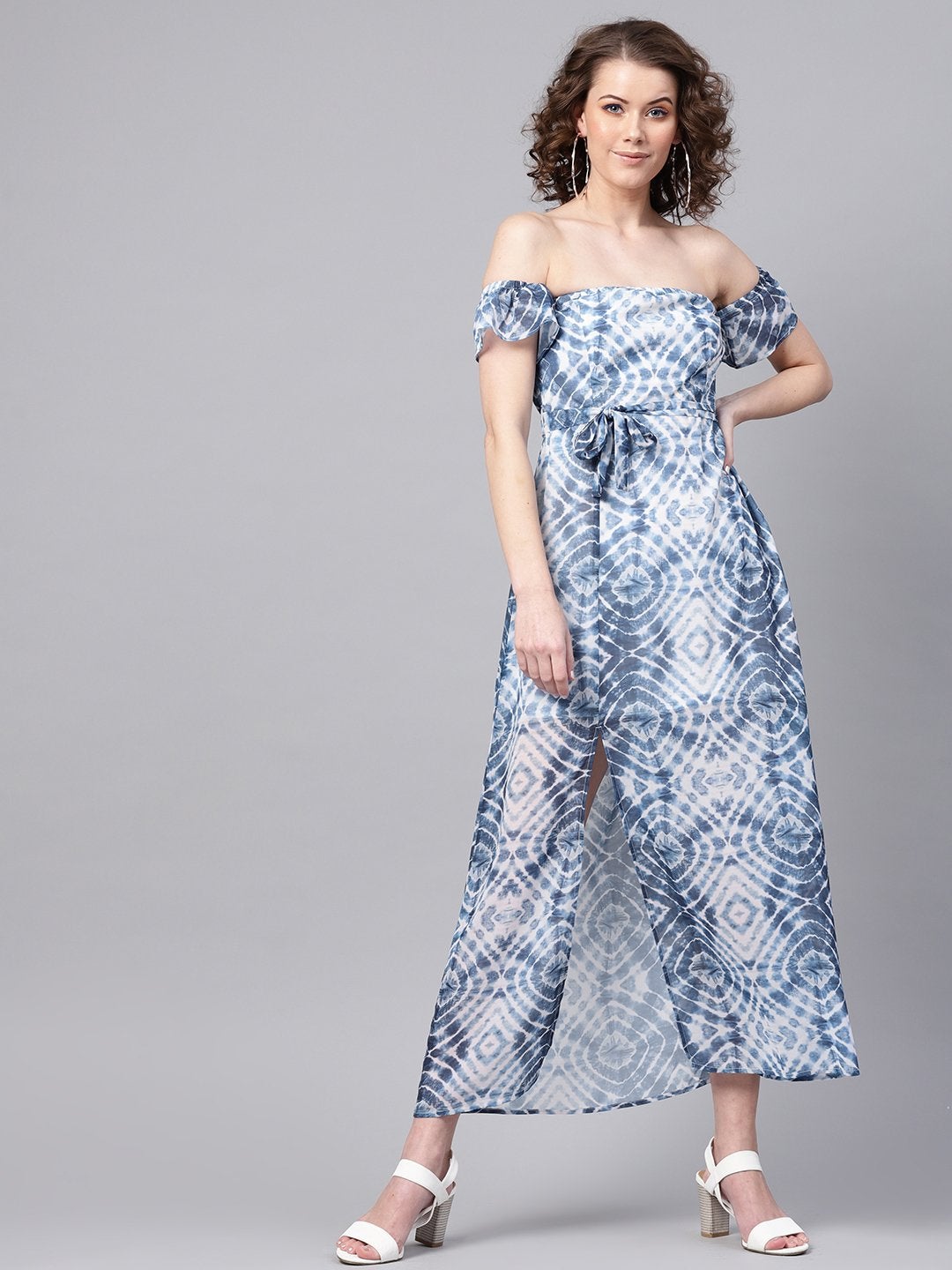 Women's Blue & White Tube Maxi With Sleeves