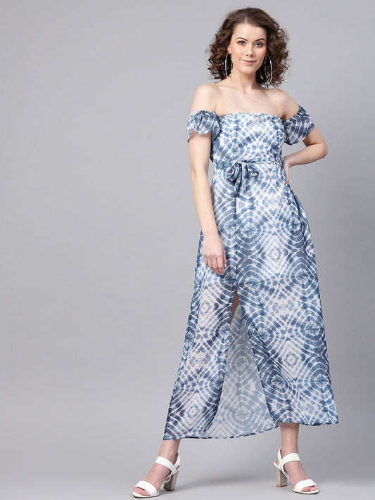 Women's Blue & White Tube Maxi With Sleeves