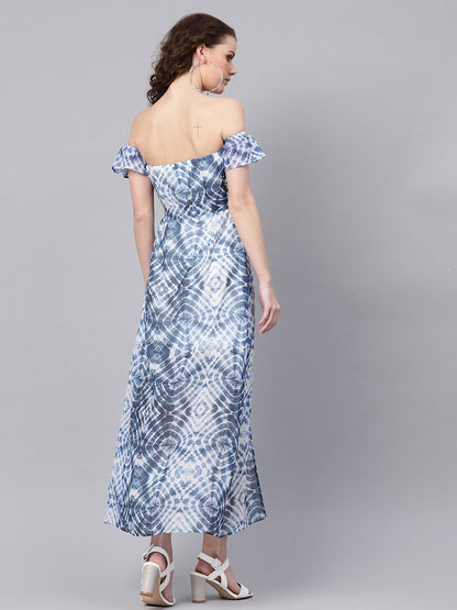 Women's Blue & White Tube Maxi With Sleeves