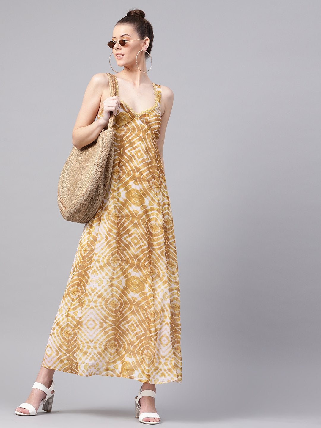 Women's Mustard & White Strappy Maxi