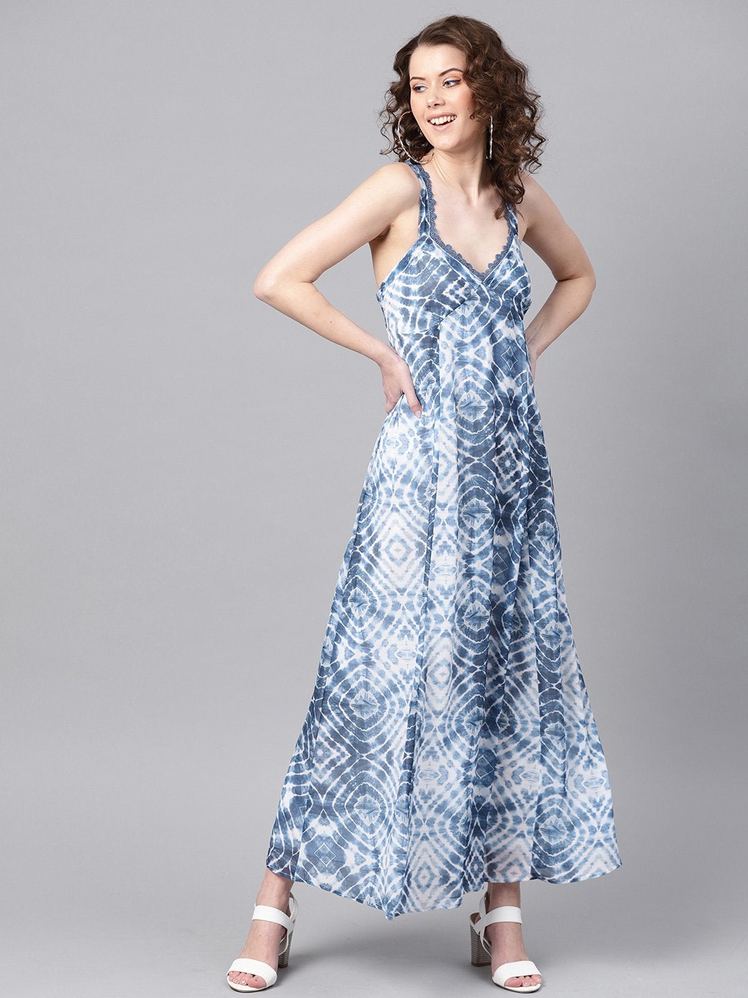 Women's Blue & White Strappy Maxi