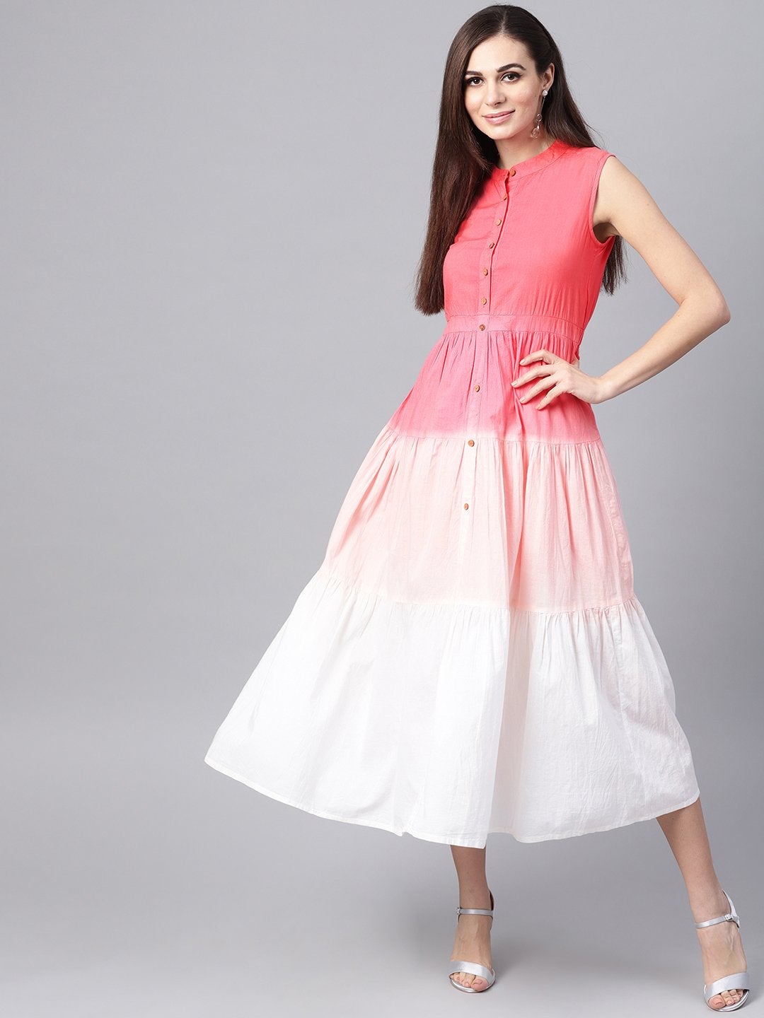 Women's Pink & White Ombre Front Button Maxi