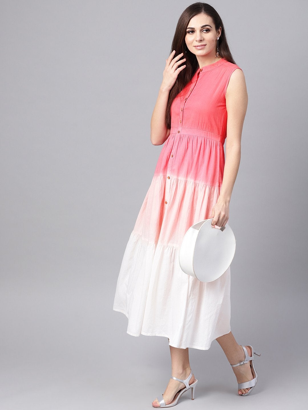 Women's Pink & White Ombre Front Button Maxi