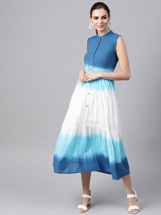 Women's Blue & White Ombre Front Button Maxi