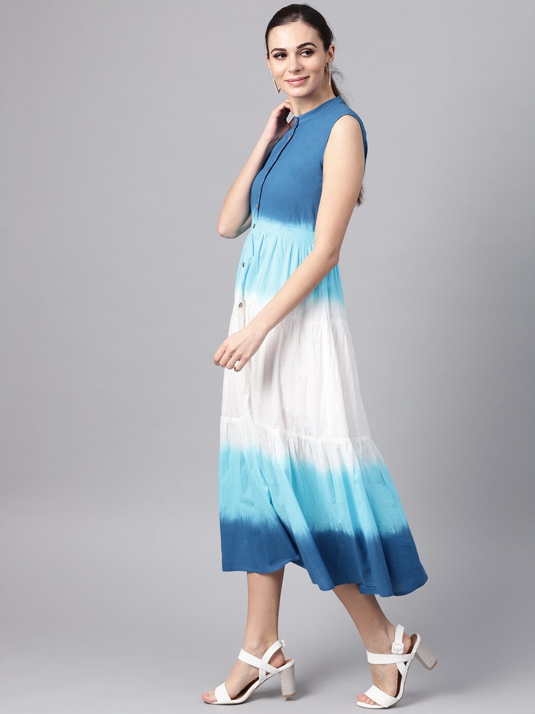Women's Blue & White Ombre Front Button Maxi