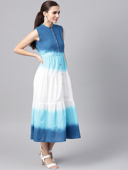 Women's Blue & White Ombre Front Button Maxi