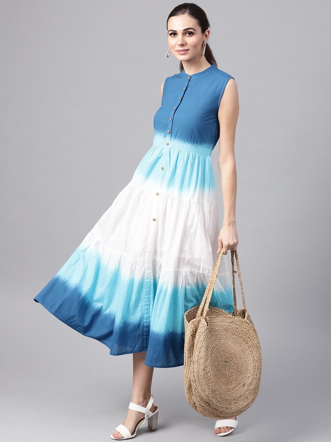Women's Blue & White Ombre Front Button Maxi