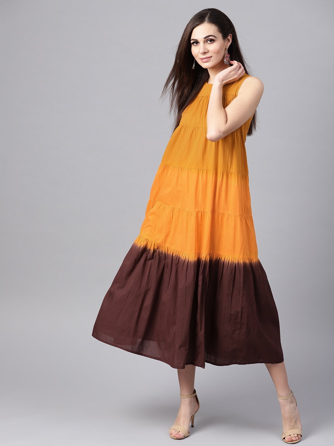 Women's Mustard & Brown Ombre Tiered Maxi