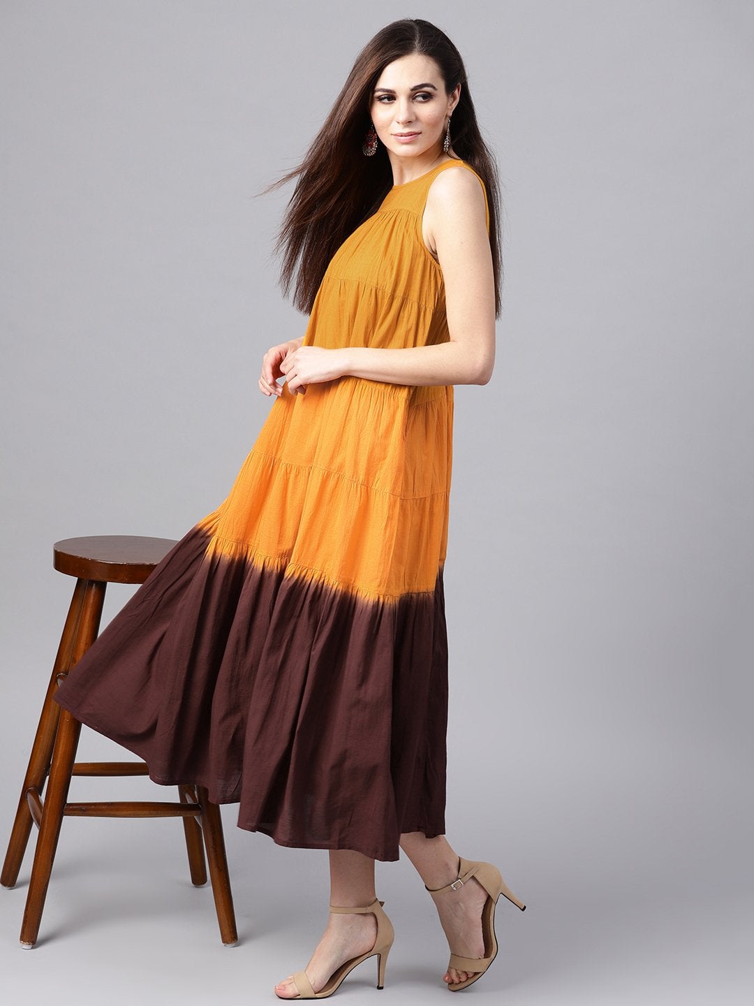 Women's Mustard & Brown Ombre Tiered Maxi