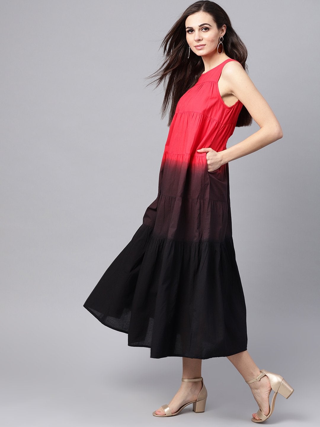 Women's Red & Black Ombre Tiered Maxi