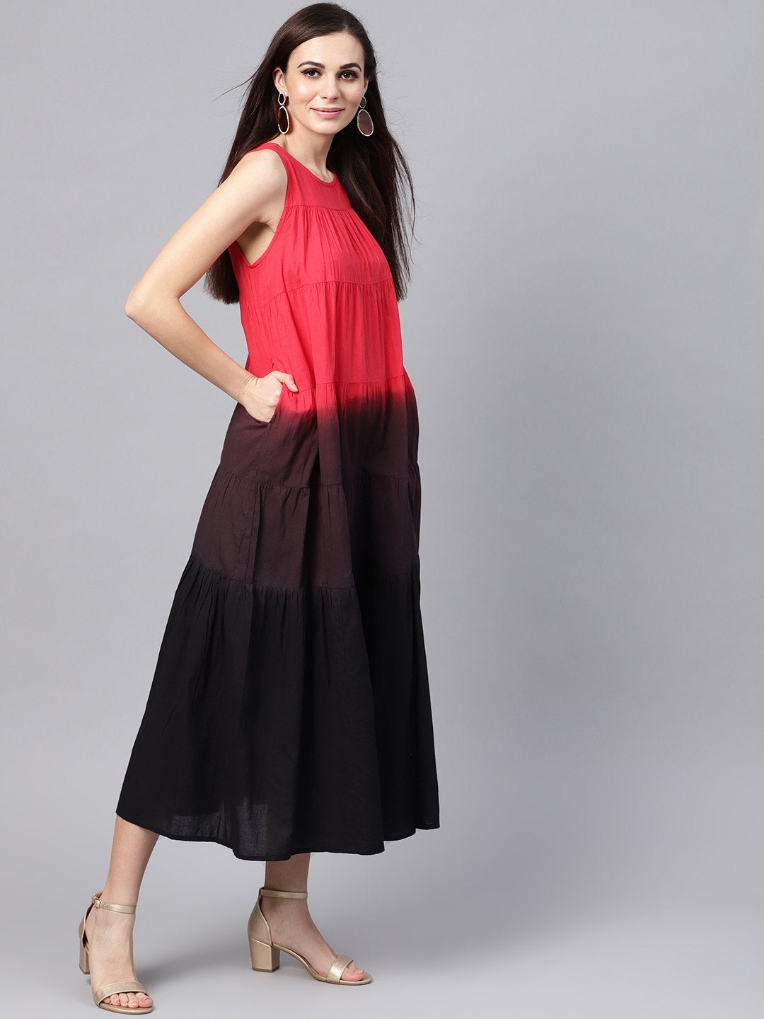Women's Red & Black Ombre Tiered Maxi