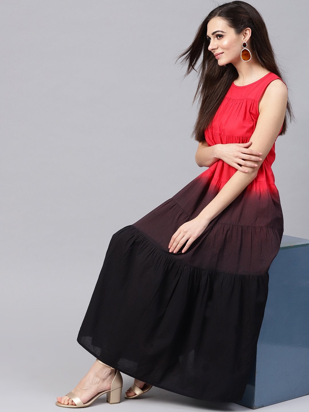 Women's Red & Black Ombre Tiered Maxi