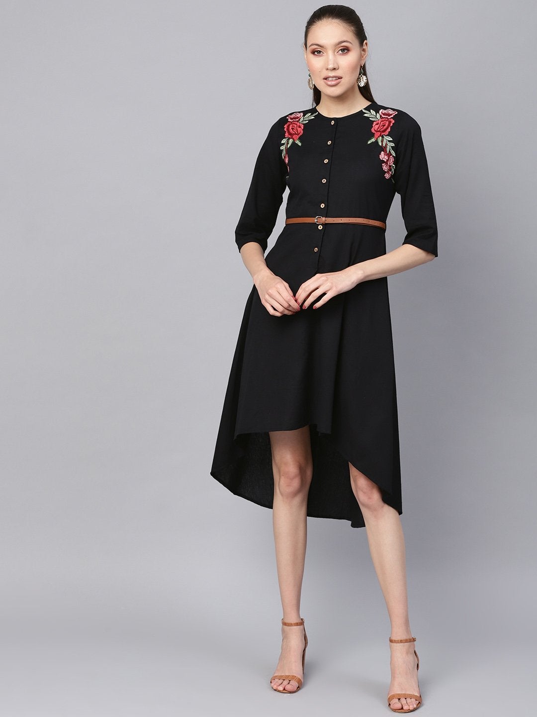 Women's Black Embroidered High Low Belted Dress