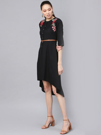 Women's Black Embroidered High Low Belted Dress