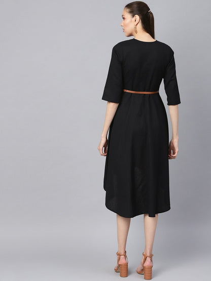 Women's Black Embroidered High Low Belted Dress