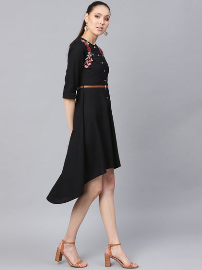 Women's Black Embroidered High Low Belted Dress