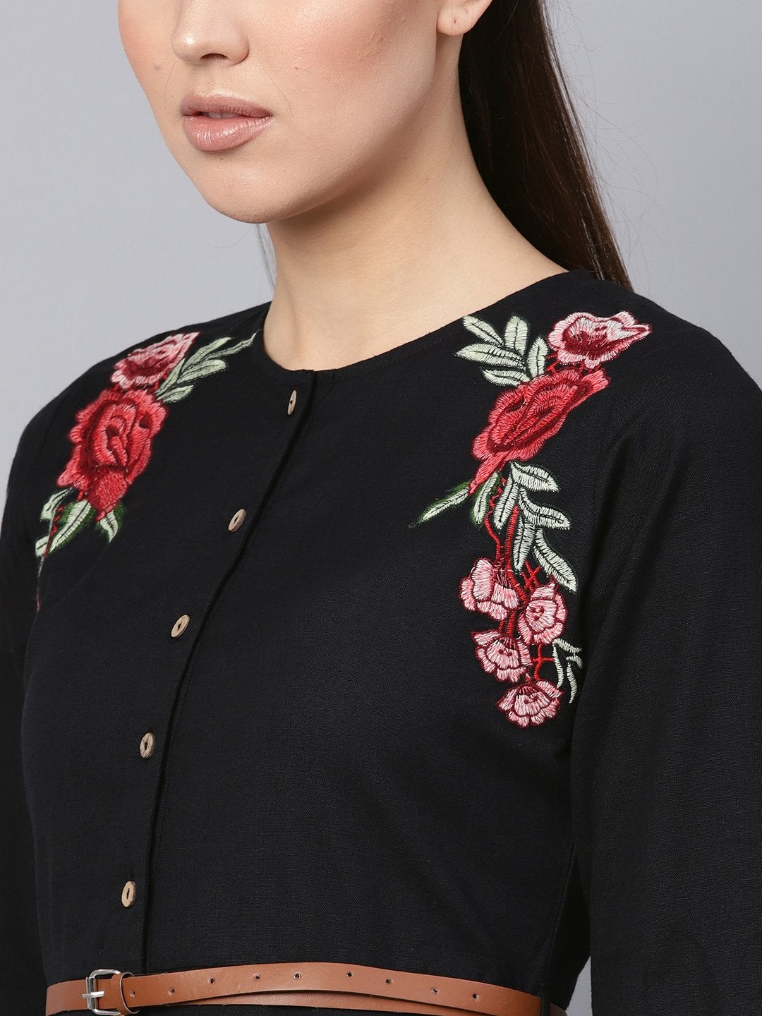 Women's Black Embroidered High Low Belted Dress
