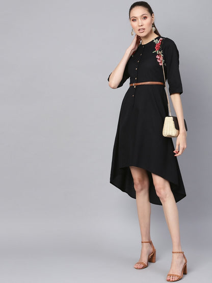 Women's Black Embroidered High Low Belted Dress