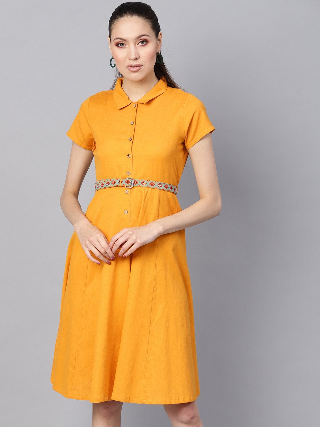 Women's Mustard Embroidered Belt Ethnic Midi Dress