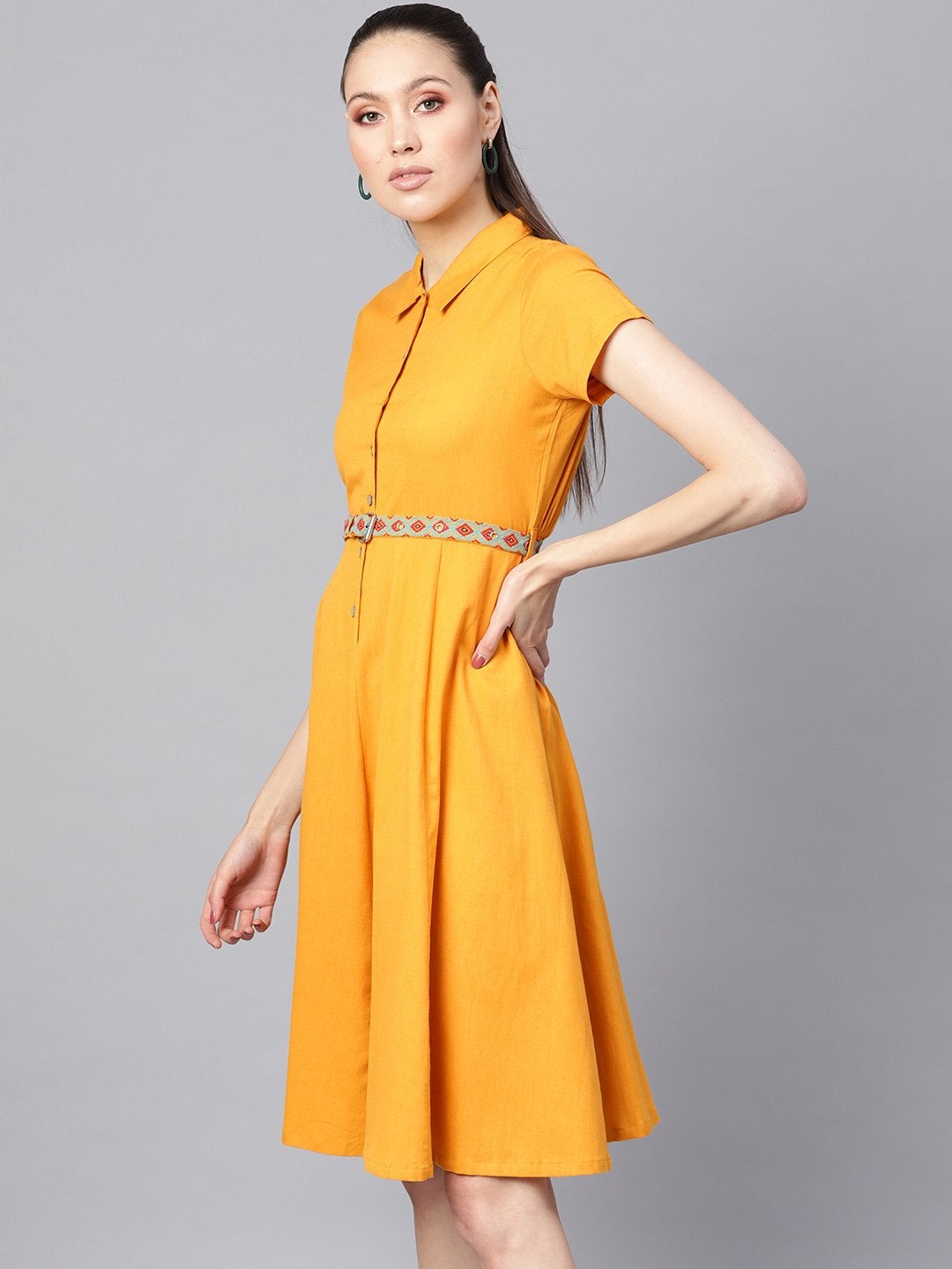 Women's Mustard Embroidered Belt Ethnic Midi Dress