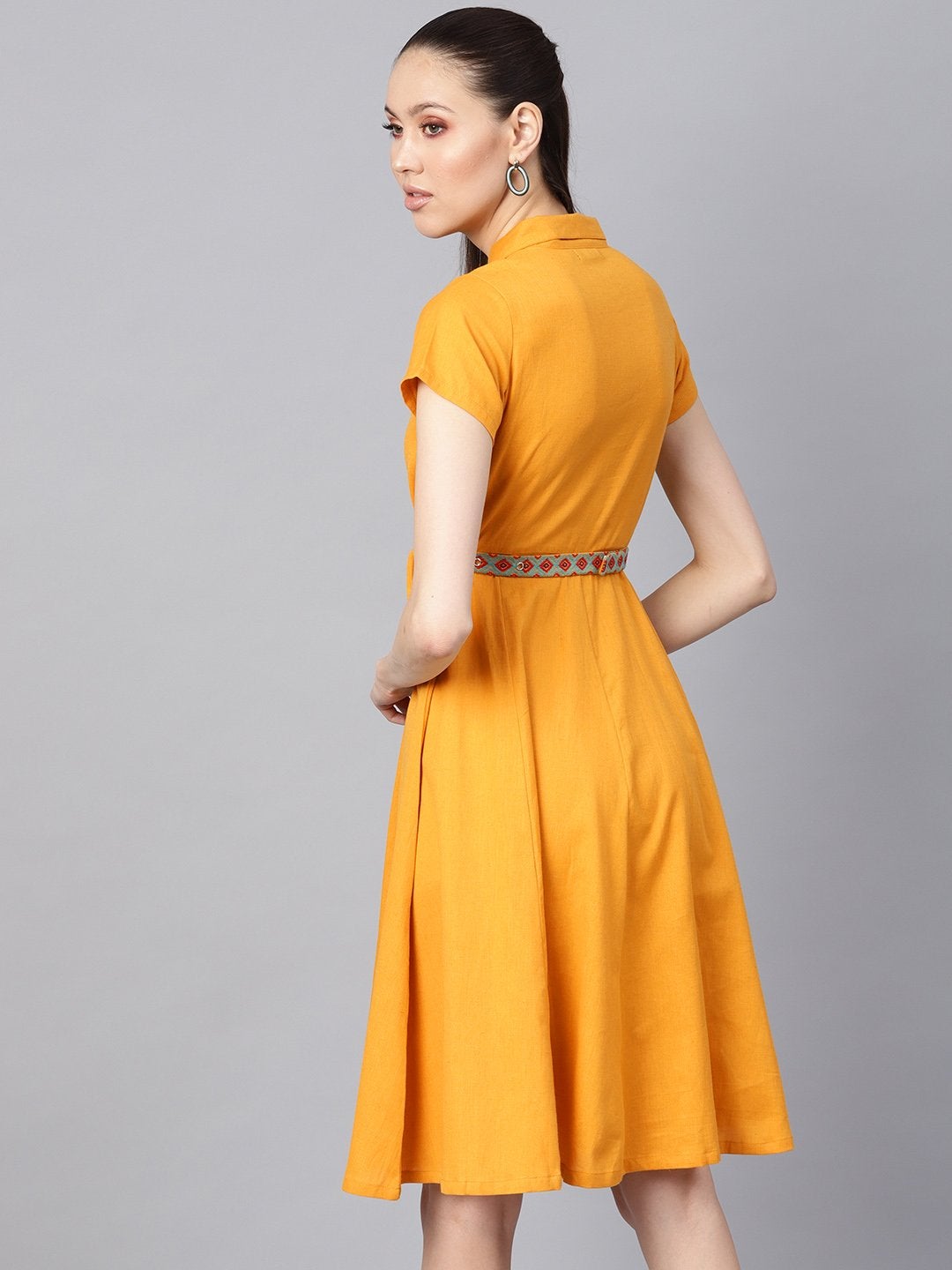 Women's Mustard Embroidered Belt Ethnic Midi Dress