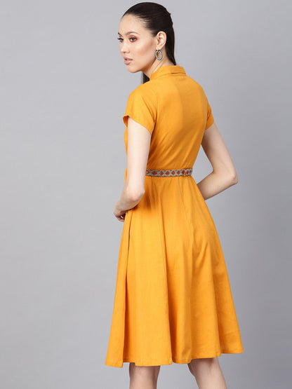 Women's Mustard Embroidered Belt Ethnic Midi Dress