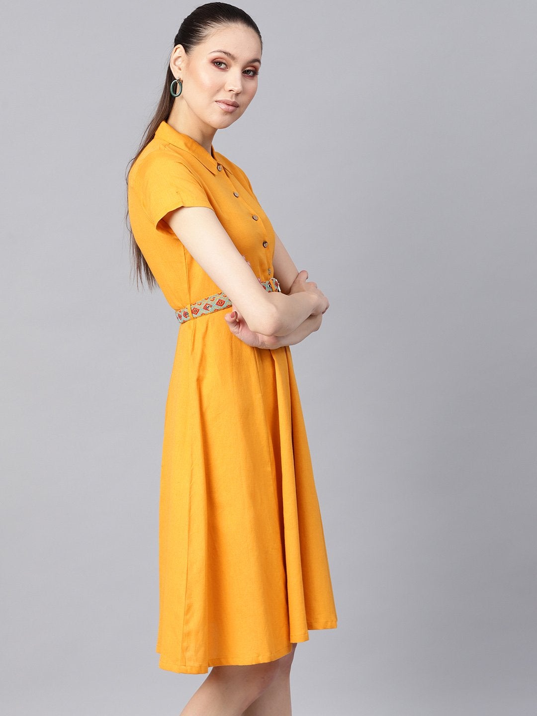Women's Mustard Embroidered Belt Ethnic Midi Dress