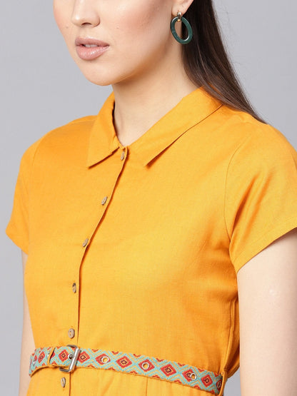 Women's Mustard Embroidered Belt Ethnic Midi Dress