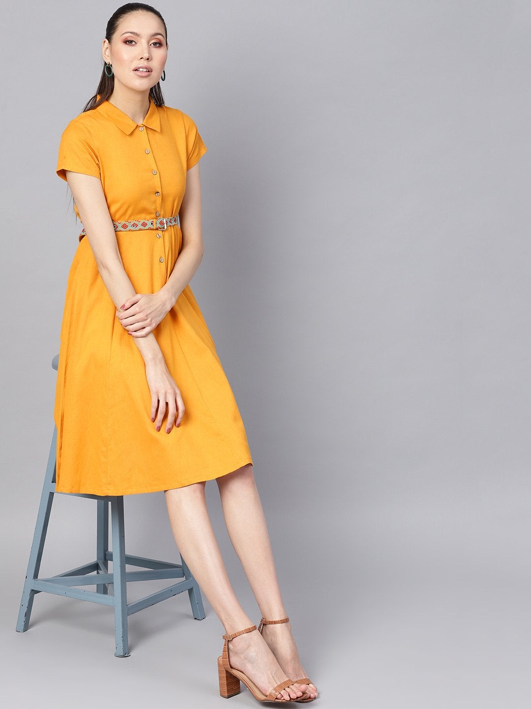 Women's Mustard Embroidered Belt Ethnic Midi Dress