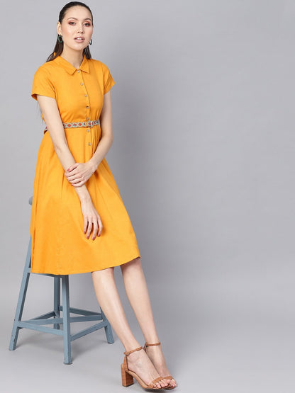 Women's Mustard Embroidered Belt Ethnic Midi Dress