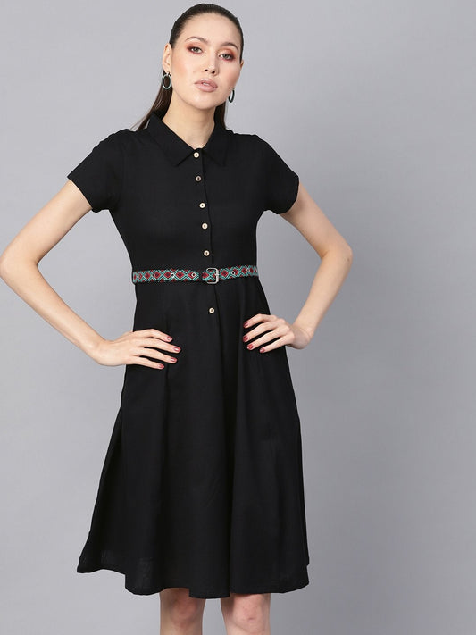 Women's Black Embroidered Belt Ethnic Midi Dress