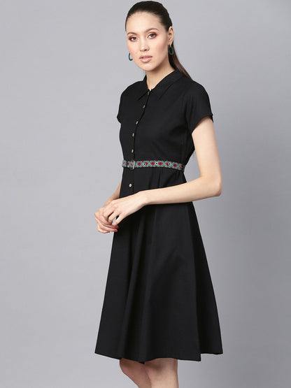 Women's Black Embroidered Belt Ethnic Midi Dress
