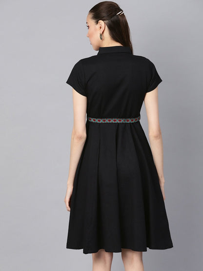 Women's Black Embroidered Belt Ethnic Midi Dress