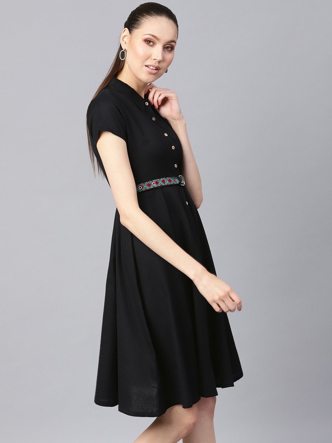 Women's Black Embroidered Belt Ethnic Midi Dress