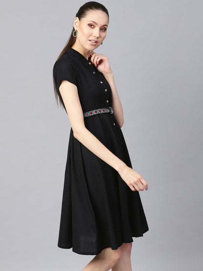 Women's Black Embroidered Belt Ethnic Midi Dress