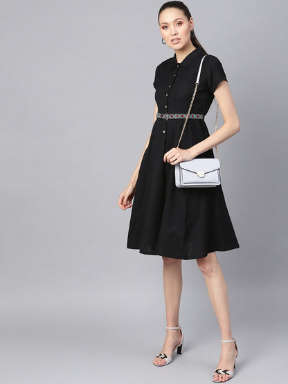 Women's Black Embroidered Belt Ethnic Midi Dress