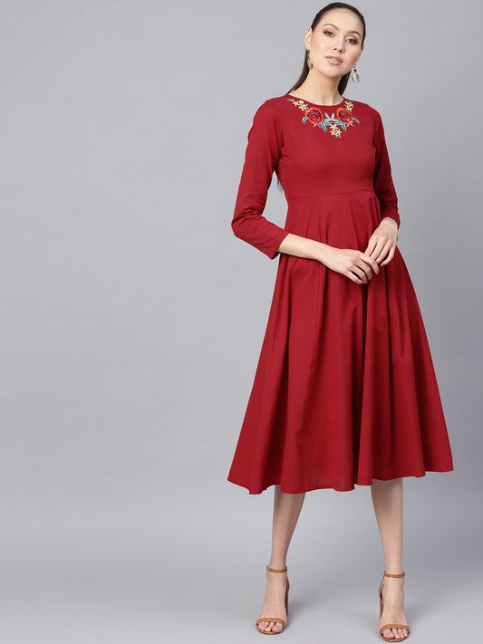 Women's Maroon Front Embroidered Maxi