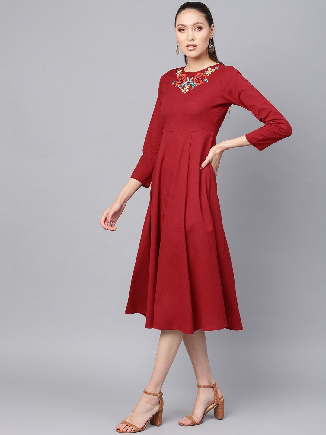 Women's Maroon Front Embroidered Maxi